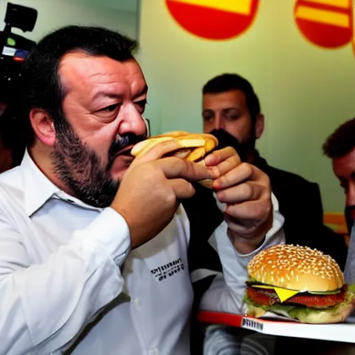 Image similar to Matteo Salvini eating a burger at McDonald’s, photograph, paparazzi