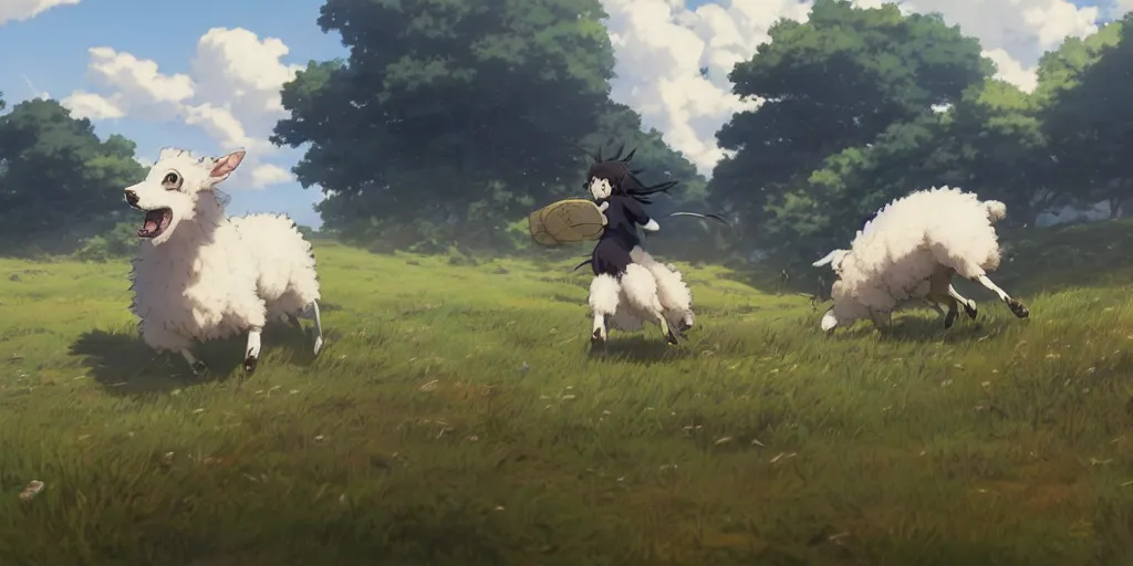 Image similar to border collie chasing sheep on feld. nime key visual of luffy studio lit directed gaze, trending on pixiv fanbox, painted by greg rutkowski makoto shinkai takashi takeuchi studio ghibli