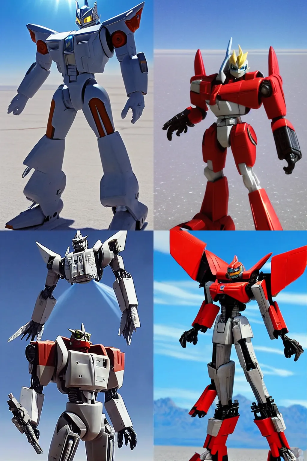 Prompt: Character Portrait of Jetfire from Transformers on a clear sunny day with a blue sky standing in the bonneville salt flats, Jetfire!!!!!, Jet parts, Intricate, Highly Detailed, Transformers!!!!!!!!!!!!!, Skyfire, Battroid Mode, Zone of Enders, Genesis of Aquarion, Aquarion, Anime Robots, Mecha Anime, Anime, Robots, Robot, Robot Mode, 8k, ultra realistic, illustration, splash art, rule of thirds, good value control, Ken Ishikawa