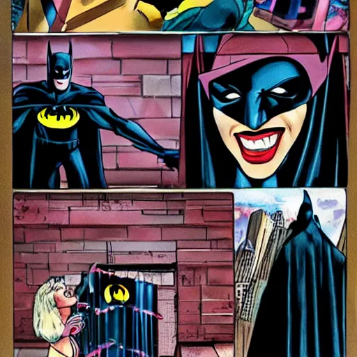 Prompt: Photography, A Batman talking with a Spider woman , big smile