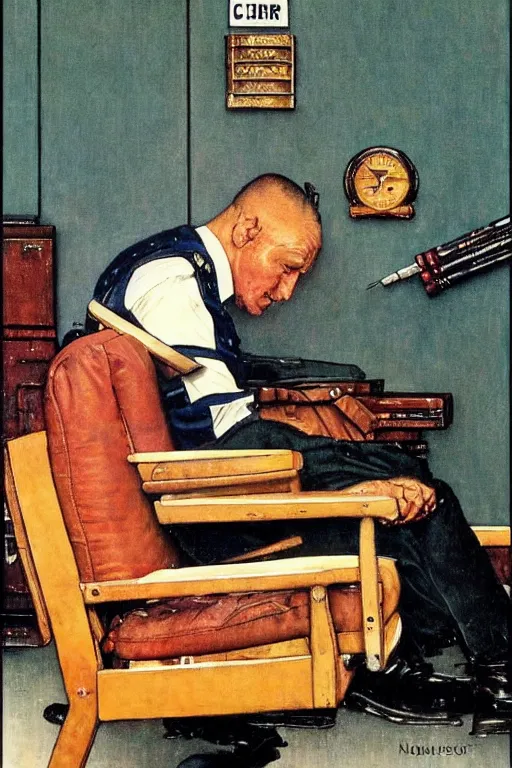 Prompt: a security guard falling asleep in his chair, painting by Norman Rockwell