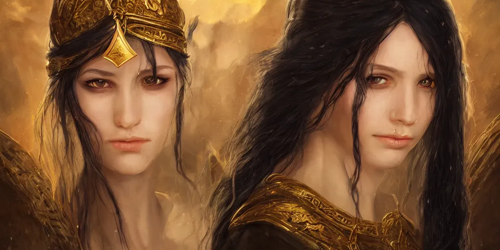 Image similar to a portrait of a young priestess with long black hair weavering golden string of magic, barroque painting, ultra realistic. cinematic, dynamic. magic the gathering style. epic fantasy, insanely detailed, 4k, symmetrical face, rpg character reference