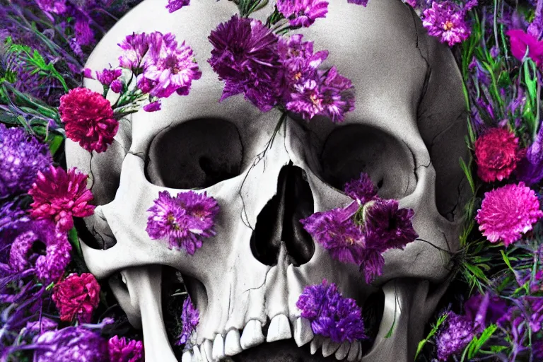 Image similar to human skull made of flowers, artstation, illustration, hd, hq, high resolution, high detail, 4 k, 8 k