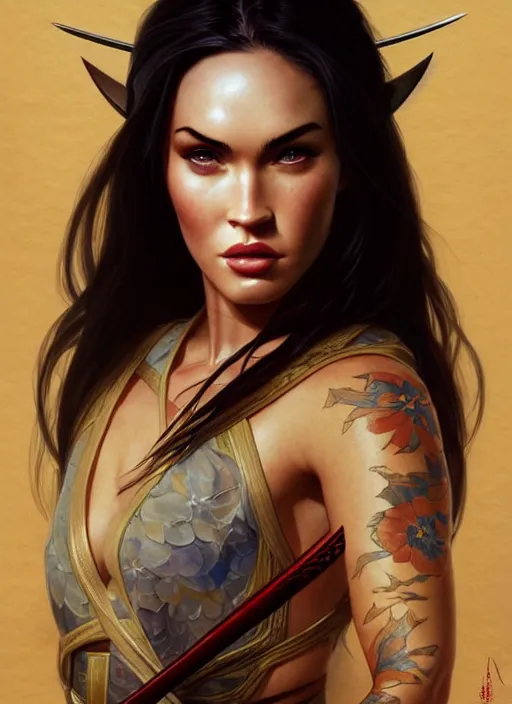 Image similar to portrait of megan fox as samurai, asian, katana, blossom, silk, japan, intricate, headshot, highly detailed, digital painting, artstation, concept art, sharp focus, cinematic lighting, illustration, art by artgerm and greg rutkowski, alphonse mucha, cgsociety