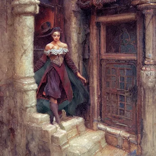 Image similar to a scrappy renaissance thief woman, looking around a corner, fantasy character portrait by gaston bussiere, craig mullins, greg rutkowski