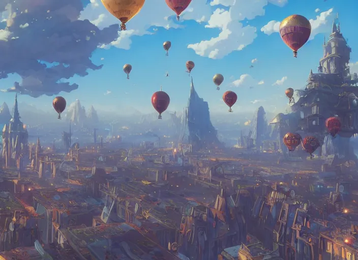 Prompt: a flying steampunk city, ballons, unreal engine, fantasy art by greg, loish, rhads, ferdinand knab, tom bagshaw, makoto shinkai and lois van baarle, rossdraws, ilya kuvshinov, night lighting, trending on studio ghibli, highly detailed, 8 k, octane render