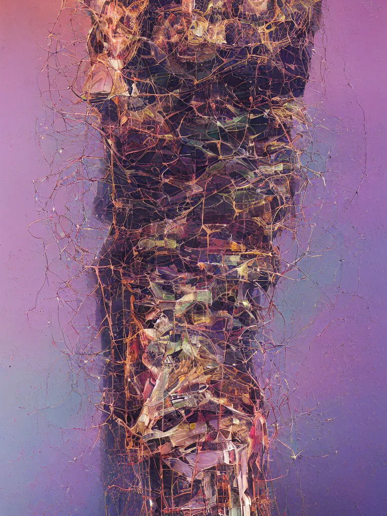 Image similar to a beautiful glitched abstract geometric painting by robert proch and robert heindel of an anatomy spinal structure study of the human nervous system on top of rectangle shapes, color bleeding, pixel sorting, copper oxide and rust materials, brushstrokes by jeremy mann, cold top lighting, pastel purple background