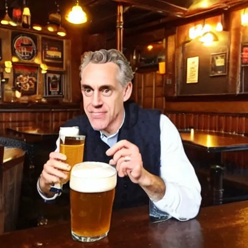 Prompt: jordan peterson drinking a delicious pint in a english - style pub, warm lighting, cozy, inviting