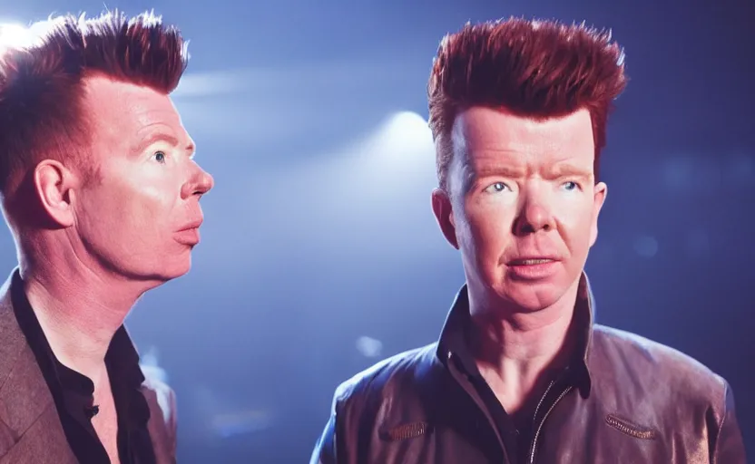 Image similar to photo of rick astley abandoning someone, dramatic blue dark lighting, ultra detailed, movie frame, cinematical composition, 4 k, emotional