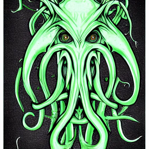 Image similar to 2d cthulhu illustration, simplified forms, high detail, in the style of Beistle studio lighting