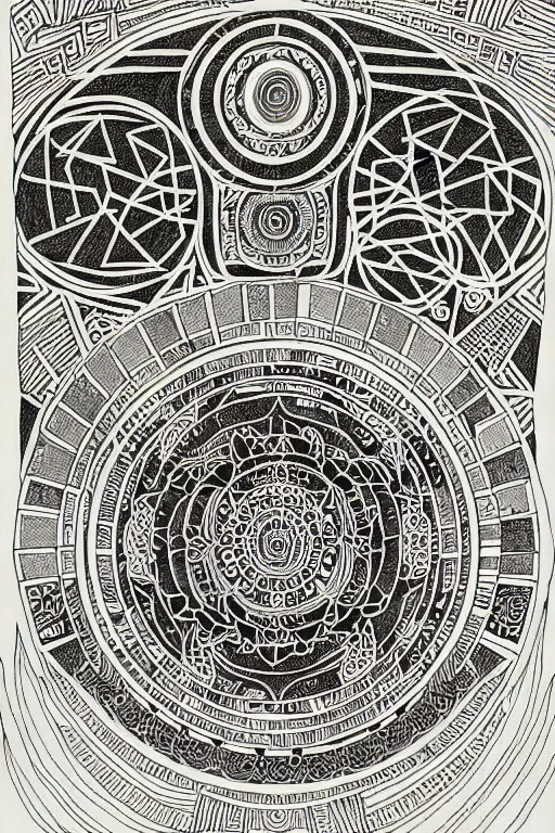 Prompt: a black and white drawing of an ancient temple mandala, a detailed mixed media collage by hiroki tsukuda and eduardo paolozzi and moebius, intricate linework, sketchbook psychedelic doodle comic drawing, geometric, street art, polycount, deconstructivism, matte drawing, academic art, constructivism