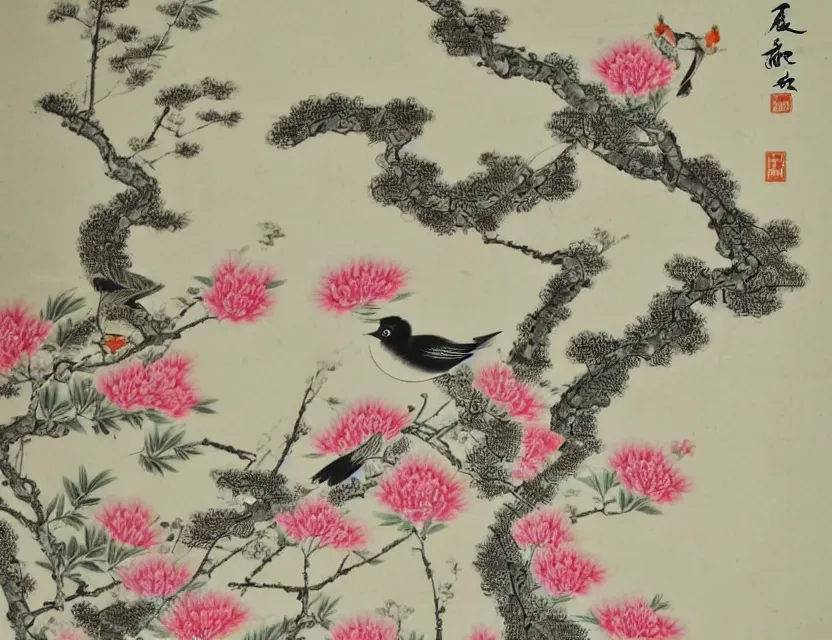 Image similar to bird in the garden and flowers chinese style art very detailed