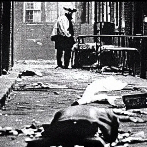 Prompt: 1980 photograph of a crime scene of the serial killer Jack the Ripper, unsettling, creepy, horrific, gruesome