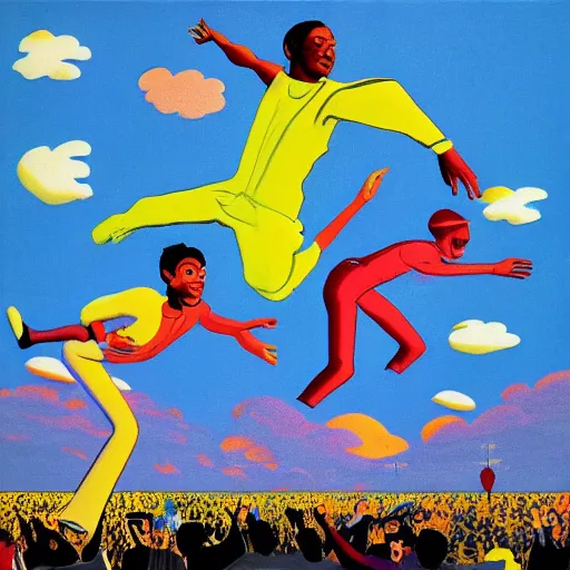 Image similar to a group of people flying through the air, an album cover by Robert Colescott, tumblr contest winner, sots art, glitchy, wallpaper, 2d