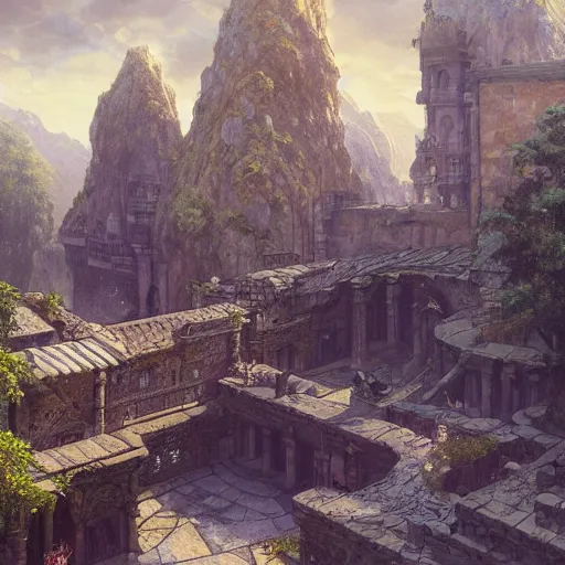 Image similar to A wide open courtyard in a beautiful dwarven city made of marble, underground cave, stone roof, lustrous minerals, a fantasy digital painting, artstation, concept art, sharp focus, illustration, art by greg rutkowski and alphonse mucha