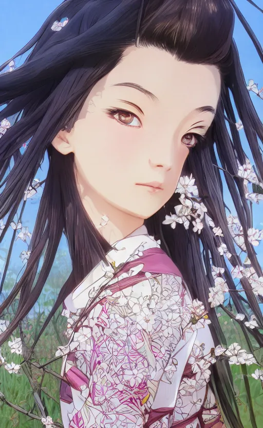 Prompt: front portrait of a girl walking, sakura tree in background, yukata clothing, battlefield in background, anime style, short hair, hair down, symmetrical facial features, from arknights, hyper realistic, 4 k, extreme detail, detailed drawing, trending artstation, realistic lighting, by alphonse mucha, greg rutkowski, sharp focus, backlit