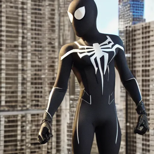 Image similar to black spider - man suit with white web lining, cinematic, volumetric lighting, realistic, hyperdetailed, photorealistic, photograph