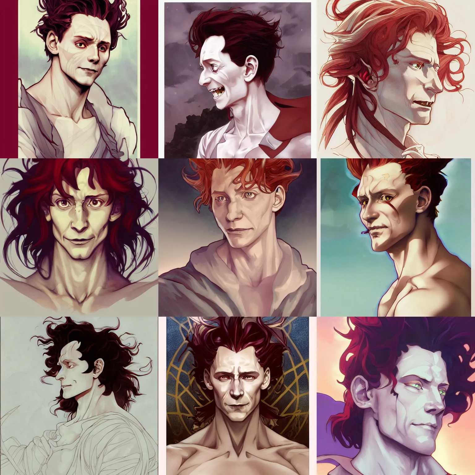 Prompt: hisoka, beautiful tom hiddleston, cel - shaded animesque art by artgerm and greg rutkowski and alphonse mucha, smooth white skin, smirking face, reddish hair, d & d, fantasy, portrait, highly detailed, side profile, digital painting, trending on artstation, concept art, sharp focus, illustration