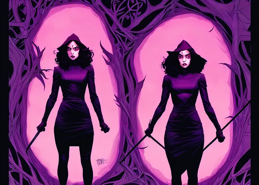 Prompt: Rafael Albuquerque comic cover art, artgerm, Joshua Middleton, pretty Stella Maeve witch doing black magic, serious look, purple dress, symmetrical eyes, symmetrical face, long black hair, full body, dark forest in the background, cool colors