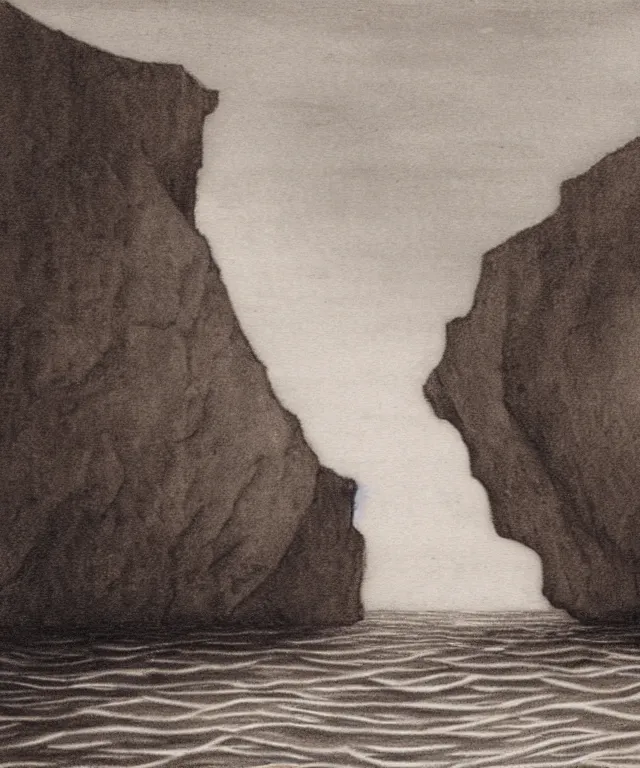 Prompt: photorealistic sepia painting of a 1 9 2 5 bay boat sailing near a jamaican cliff with the mouth of a sea cave at the waterline, dark, brooding, atmospheric, lovecraft, horror