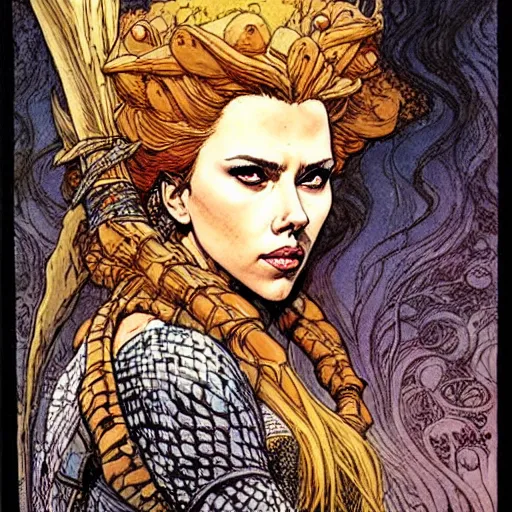 Image similar to a realistic, very beautiful and atmospheric portrait of scarlett johansson as a druidic warrior wizard looking at the camera with an intelligent gaze by rebecca guay, michael kaluta, charles vess and jean moebius giraud