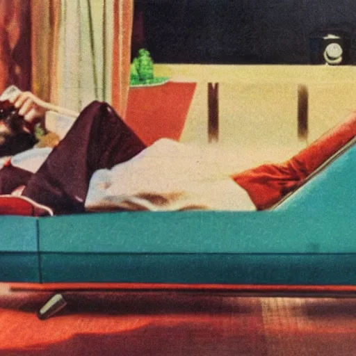 Prompt: lazy guy lying on the couch and doing nothing, 7 0 s advertisement, colorful