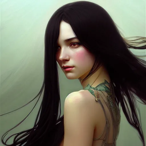 Image similar to a beautiful girl with long black hair, fantasy, portrait, sharp focus, intricate, elegant, digital painting, artstation, matte, highly detailed, concept art, illustration, ambient lighting, art by ilya kuvshinov, artgerm, alphonse mucha, and Greg Rutkowski