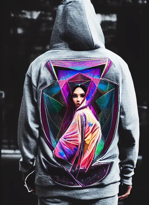 Prompt: hoodie, street wear, intricate, elegant, highly detailed, symmetrical!, prism highlights, lut, sony, 3 5 mm, street photography, smooth, sharp focus, dlsr, telephoto, synth wave, high fashion