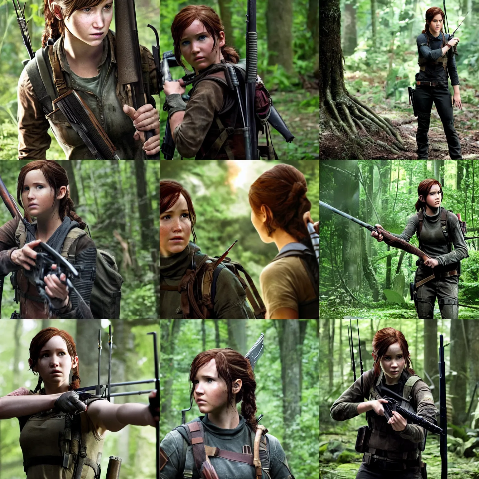 Prompt: Ellie from 'The Last of Us' as Katniss Everdeen, film still from 'The Hunger Games'