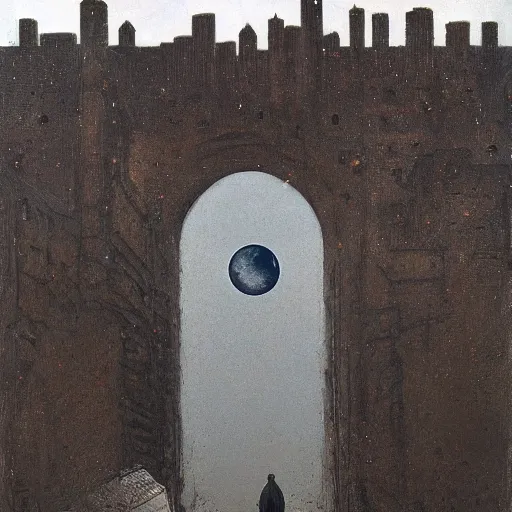 Image similar to time flying by in barbes rochechouart, regrets, melancholy, absent father, odissey, gritty feeling, moon, moonlight, at night, wandering in the city, stone, chaotic punk, oil painting, by beksinski, by kurosawa, by kiarostami, intense emotion