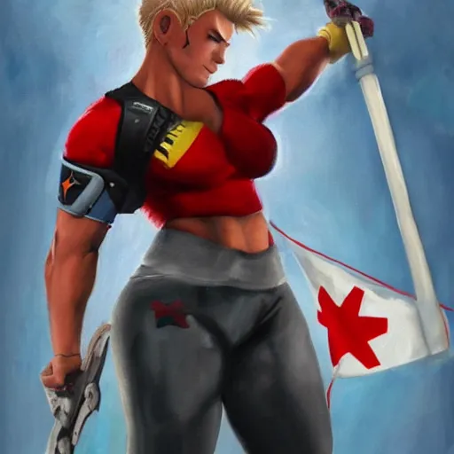 Prompt: photorealistic painting of overwatch's zarya holding flag of the ussr