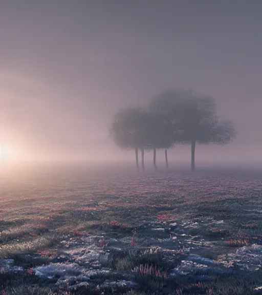 Image similar to the symmetric red linear light in the antartic fog, majestic light, octane render, beauty fog, ethereal glare of the sun, hyperrealistic, epic, masterpiece