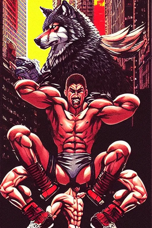 Image similar to extreme long shot. 8 bit nes graphics. antropomorphic muscular masculine wolf. kickboxer fighter, in shorts. wolf head. fine details, very sharp, art from nes game cartridge, 8 0's, vhs artefacts, vaporwave style, marc simonetti and hermann nitsch. kung fury movie