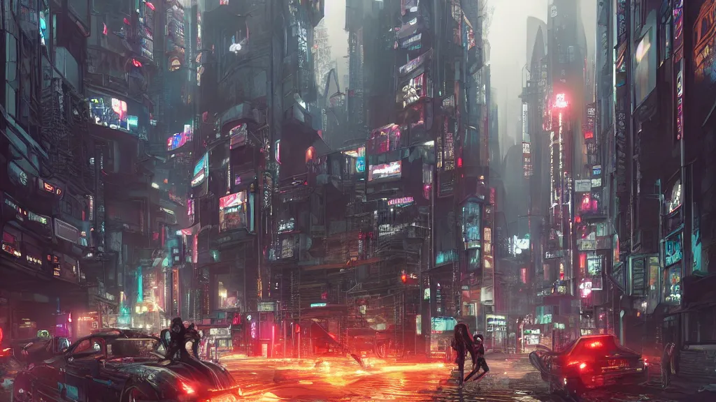 Prompt: cyberpunk london streets in 2 0 7 7 by yuumei, bayard wu, wlop, tim white, ross tran, 4 k