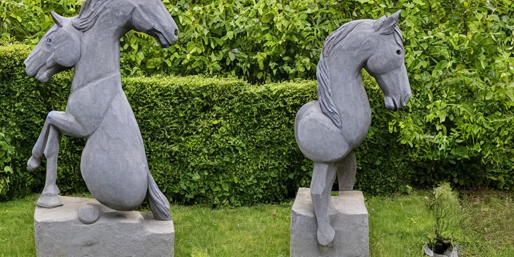 Image similar to folk art carved concrete statue of a horse rearing up, in an english cottage garden