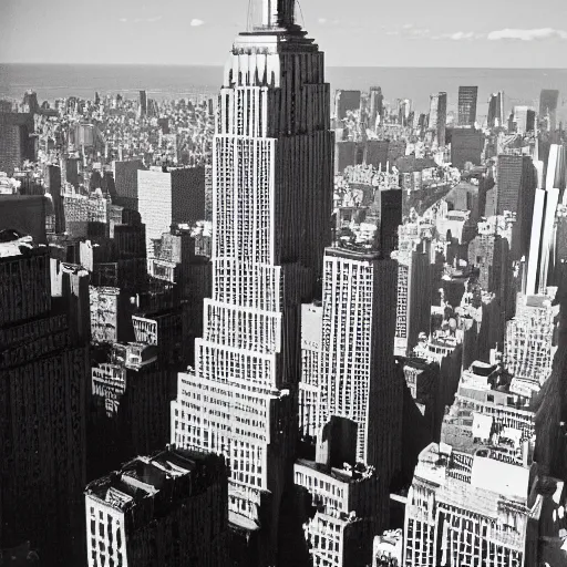 Prompt: A photograph of a pirate ship on top of the empire state building, taken by a large format camera, 35mm