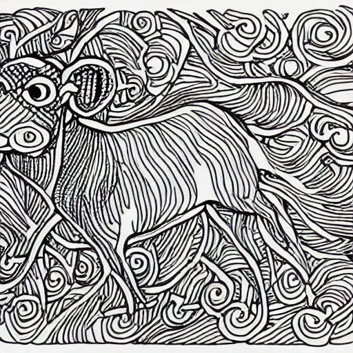 Image similar to a beautiful intricate line drawing of a cute calf running on a meadow