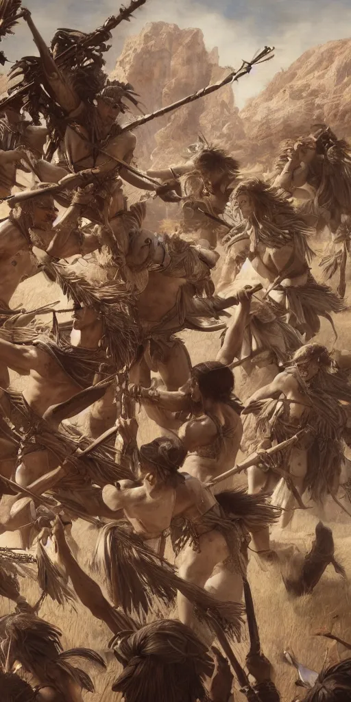 Image similar to ancient tribal war, masterpiece by Edgar Maxence and Ross Tran and Michael Whelan, 8k, octane render
