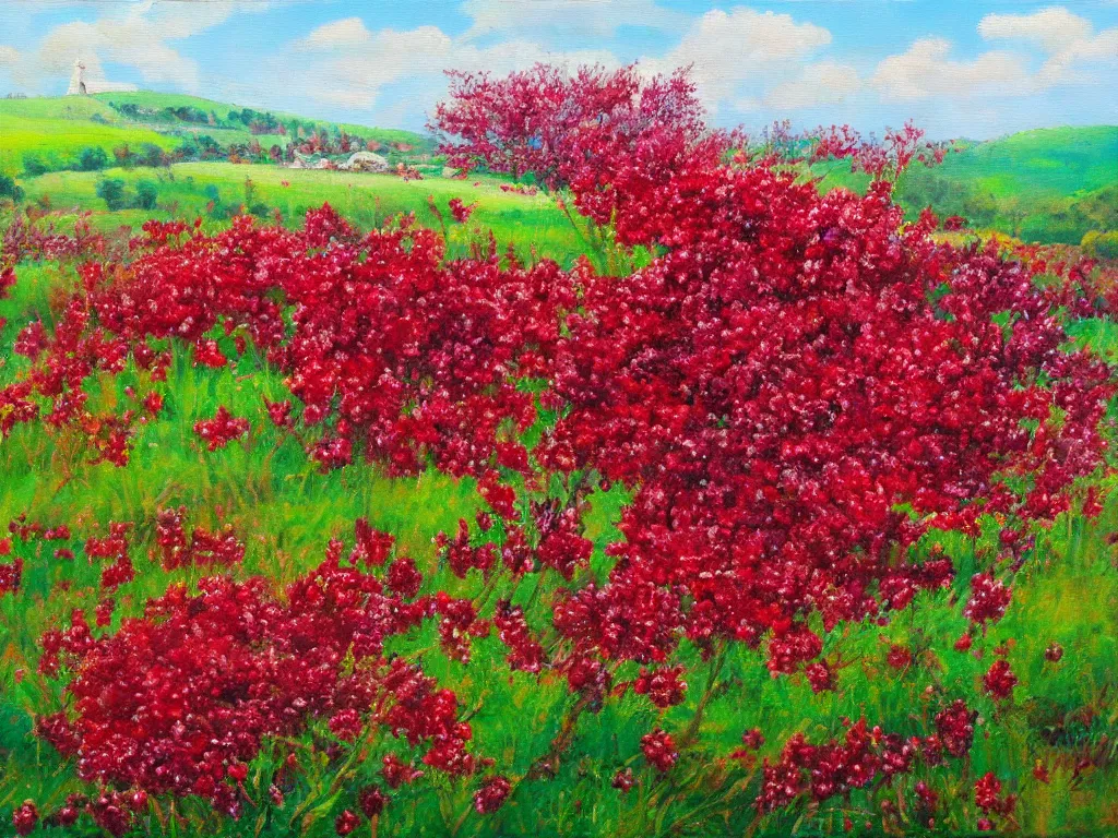 Prompt: Oil painting of blooming rubies, French countryside