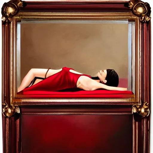 Image similar to Emily Ratajkowski full body laying in a blood red pool of water between a golden mirror frame, outside is space and inside the mirror frame is a beautiful landscape., physically accurate, dynamic lighting, intricate, elegant, highly detailed, very very Roberto Ferri, sharp focus, illustration, art