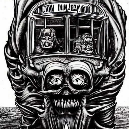 Prompt: an evil schoolbus. h. r. giger, h. p lovecraft, alejandro jodorowsky