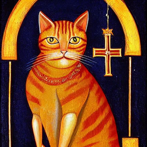 Prompt: russian orthodox christian church painting of a ginger cat by andrey rublev and giger, oil painting