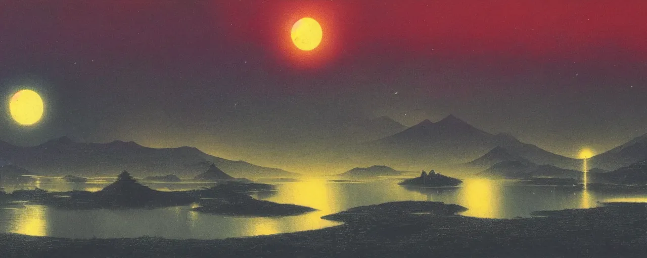 Prompt: awe inspiring bruce pennington landscape, digital art painting of 1 9 6 0 s, japan at night, 4 k, matte, minimalist