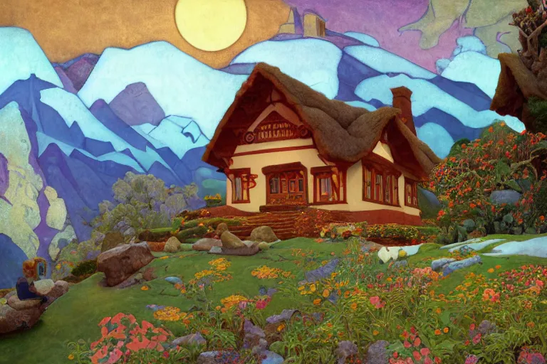 Prompt: the enchanted cottage and gardens of a wise woman on a mountaintop, dramatic cinematic lighting, folk-art carved painted wood house, rich colors, by Nicholas Roerich and William Dyce and ford madox brown and April Gornik and Caspar David Friedrich and Diego Rivera and Tyler Edlin and Ivan Bilibin, featured on artstation