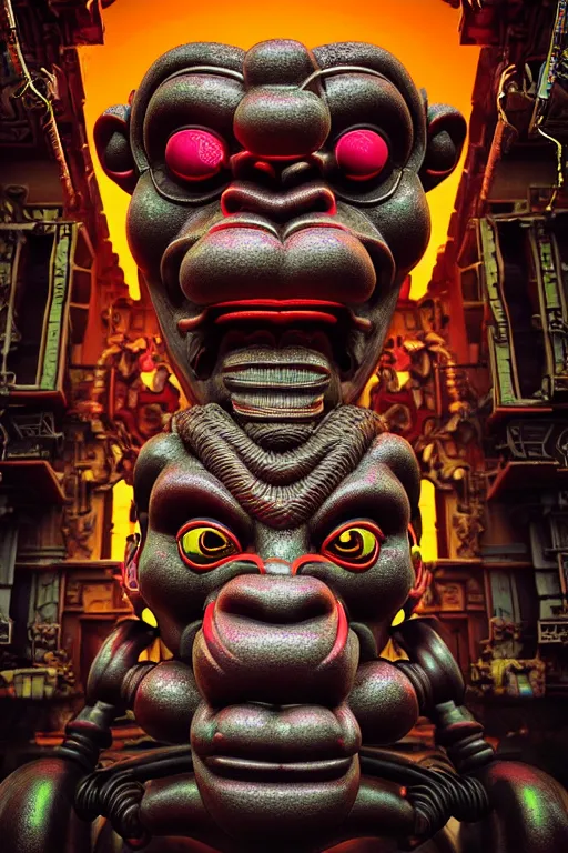 Image similar to high quality 3 d render post - rococo cyberpunk hanuman! head building, neon madhubani, open mouth, highly detailed, in sci - fi shri ram centre, cinematic smooth unreal engine, lee madgwick & liam wong, dramatic light, low angle, uhd 8 k, sharp focus
