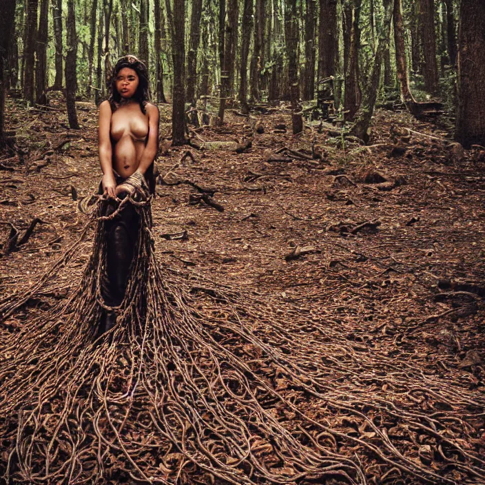 Image similar to a woman wrapped in chains, dragging a pile of chains, in a forest, by Erik Almas, CANON Eos C300, ƒ1.8, 35mm, 8K, medium-format print