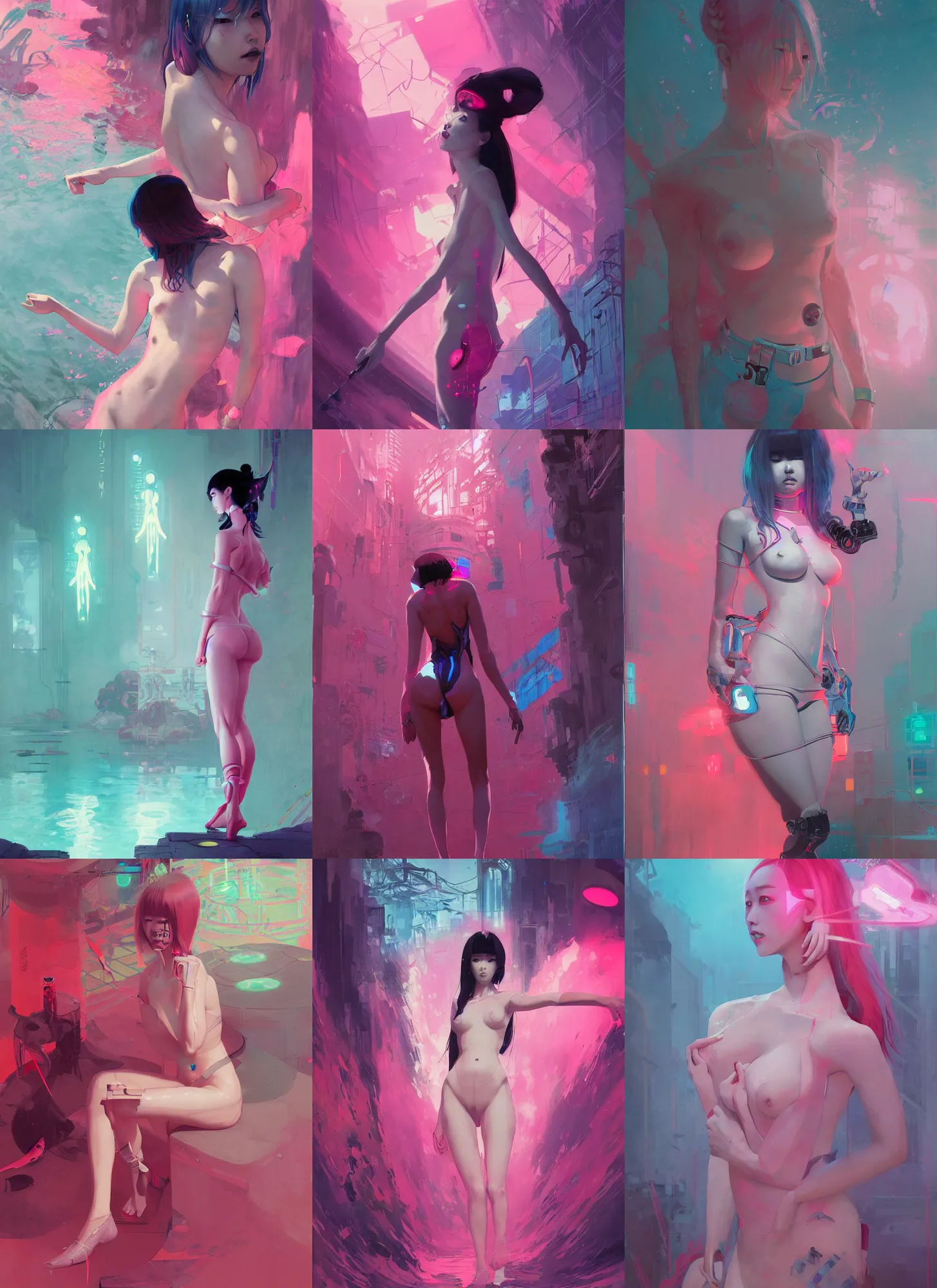 Prompt: lee jin - eun emerging from pink water in cyberpunk theme by ilya kuvshinov and peter mohrbacher and claude monet, and m. k. kaluta, rule of thirds, seductive look, beautiful