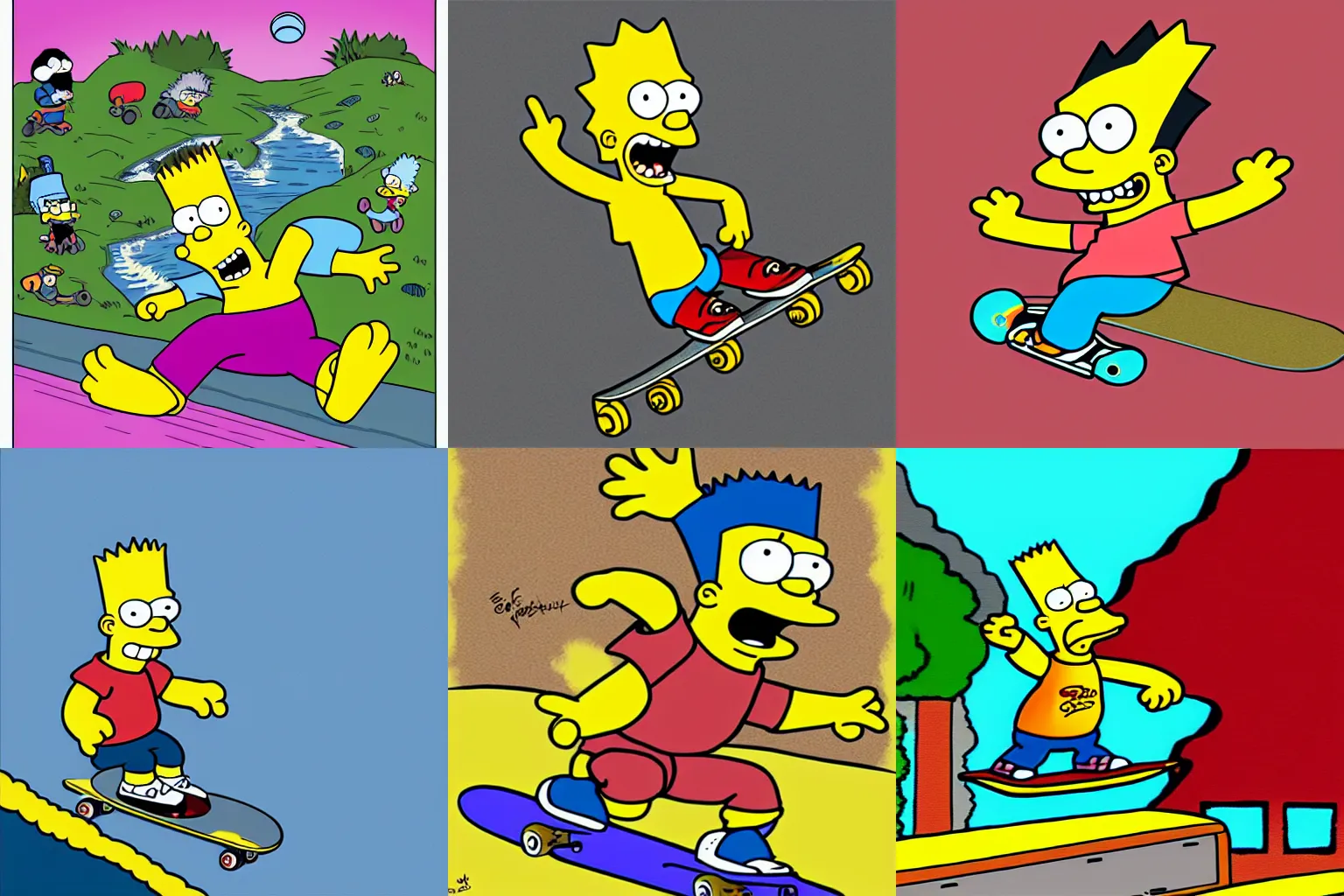 Prompt: Bart Simpson on a skateboard jumping over a gorge. digital art by Matt Groening