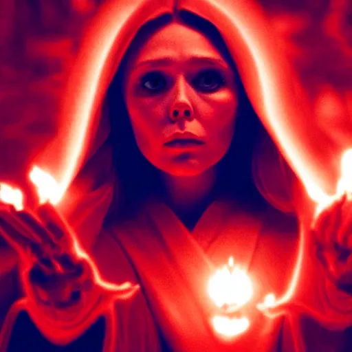 Prompt: a psychedelic full body image of elizabeth olsen in a red wizards robe casting an evil spell, detailed face, red swirls, ominous lighting, night time, high quality