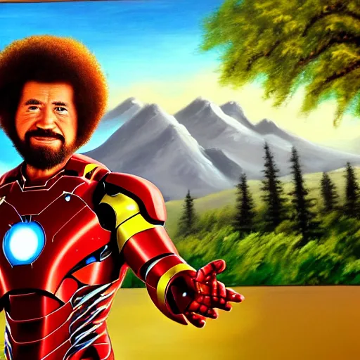 Image similar to a closeup photorealistic photograph of bob ross diligently finishing a canvas painting featuring iron man on the canvas. mountains and trees. film still. brightly lit scene. this 4 k hd image is trending on artstation, featured on behance, well - rendered, extra crisp, features intricate detail, epic composition and the style of unreal engine.